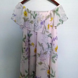 NWOT Forever21 Off Shoulder Pink Ruffled Floral Knee Length Small Sheath Dress